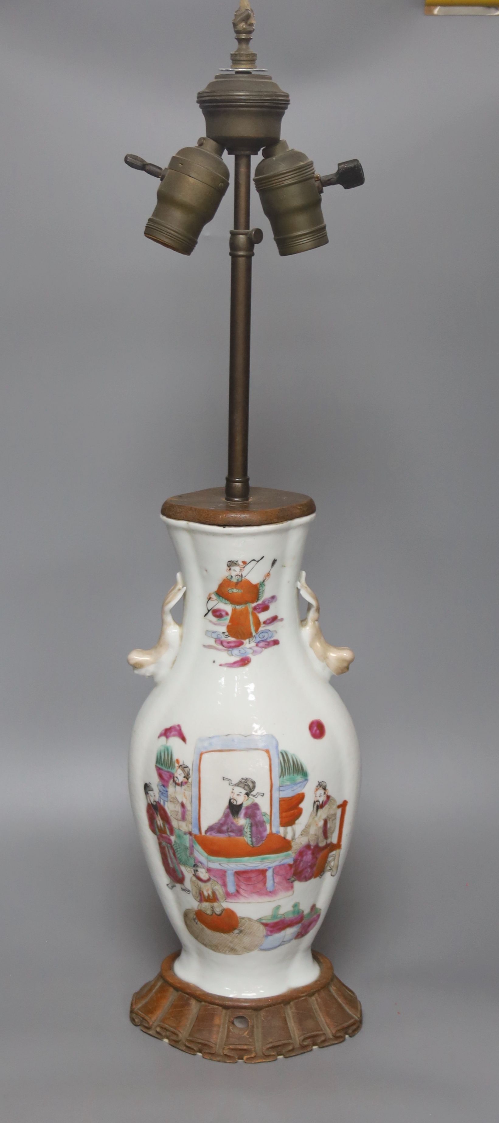 A Chinese famille rose converted lamp, late Qing, overall height 66cm